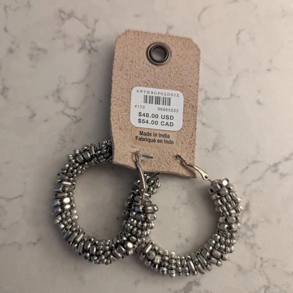 Anthropologie Metallic Beaded Hoop Earrings. 1.38 Inches In Diameter - Picture 1 of 8